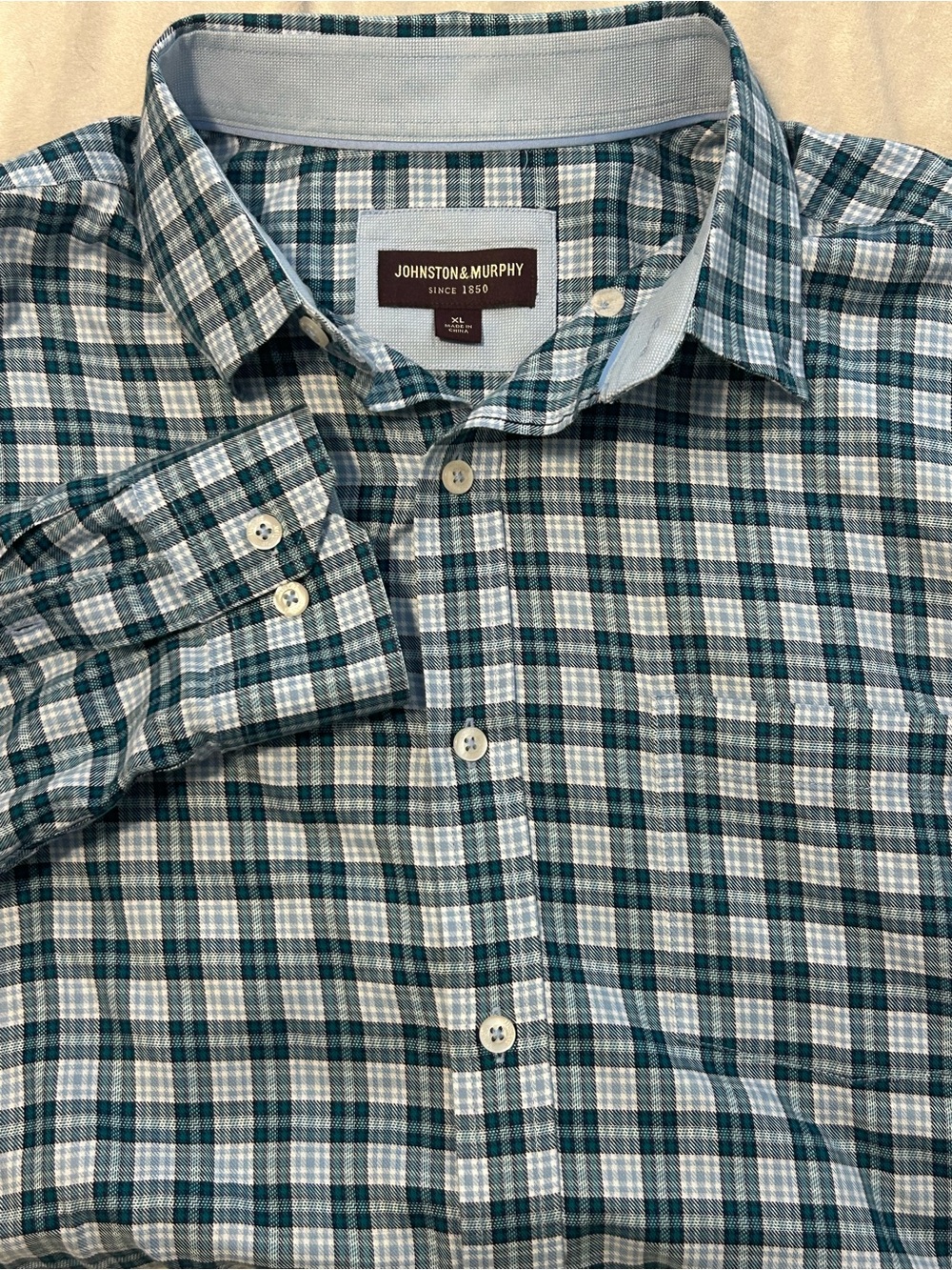 Johnston & Murphy Shirt Mens XL Plaid Button Up Long Sleeve Green Blue Check